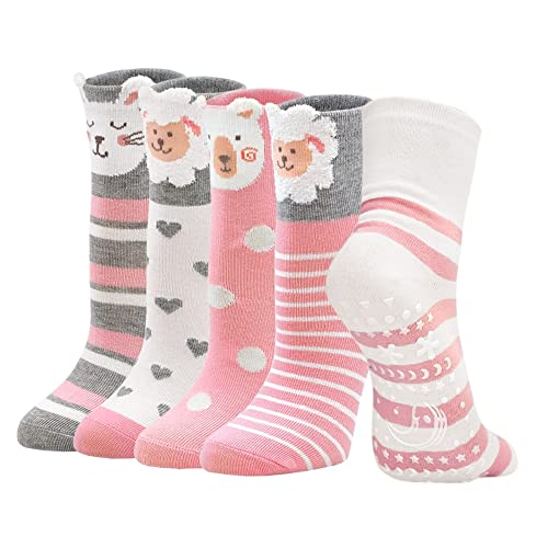 PUTUO Kinder Socken Mädchen Stoppersocken: Kindersocken aus Baumwolle Jungen Antirutschsocken Haussocken Kinder ABS Socken mit Lustige Bunte Tier Muster Geschenke, Größe 27-30, 5-7 Jahre, 5 Paare von PUTUO