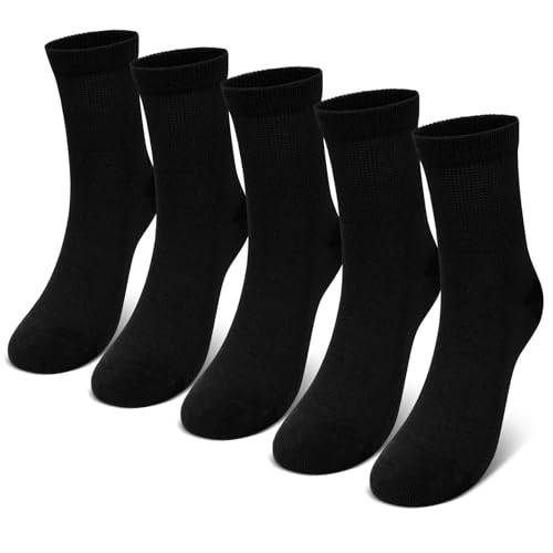 PUTUO Kinder Socken für Jungen Mädchen: Nahtlose Kindersocken mit Weitem Bund – Weiche Atmungsaktiv Unisex Kinder Strümpfe Größe 27-30 für Schule Alltag 5 Paar Schwarz von PUTUO
