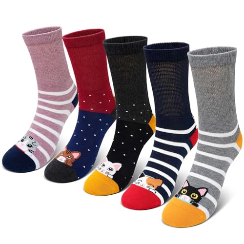 PUTUO Kinder Socken für Jungen Mädchen: Nahtlose Kindersocken mit Weitem Bund – Weiche Atmungsaktiv Unisex Kinder Strümpfe Größe 35-38 für Schule Alltag 5 Paar Katzenmuster von PUTUO
