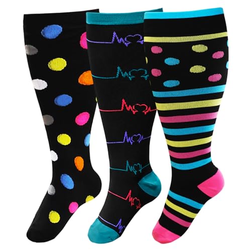 PUTUO Kompressionsstrümpfe Dicke Waden Herren: Thrombosestrümpfe Damen Übergröße Stützstrümpfe Männer Frauen Kompressionssocken für Flug Medizinisch Laufen Reise Mehrfarbig 3XL 3 Paare von PUTUO