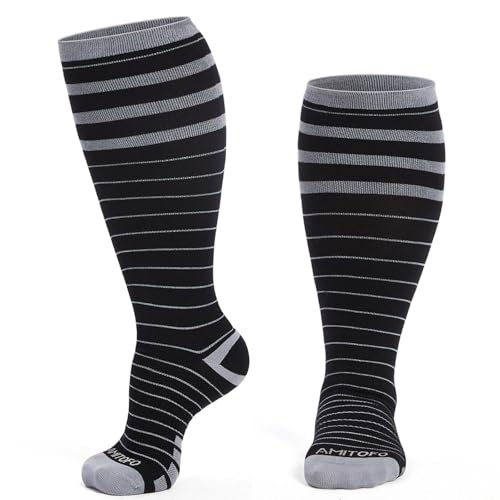 PUTUO Kompressionsstrümpfe Dicke Waden für Damen: Bambus-Viskose Übergröße Stützstrümpfe für Herren mit Weiter Wade - Thrombosestrümpfe für Flug Reise Gestreift 1 Paar 4XL von PUTUO