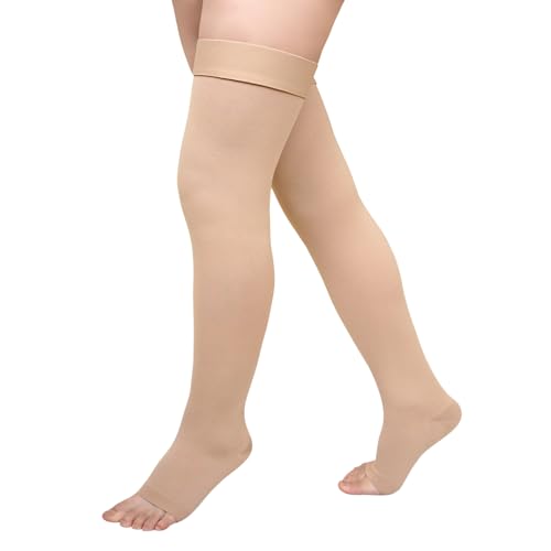PUTUO Kompressionsstrümpfe Oberschenkel für Damen Herren: Lang Übergröße Stützstrümpfe bei Krampfadern – Medizinische Thrombosestrümpfe Dicke Waden für Thrombose Erholung 20-30 mmHg Beige M von PUTUO