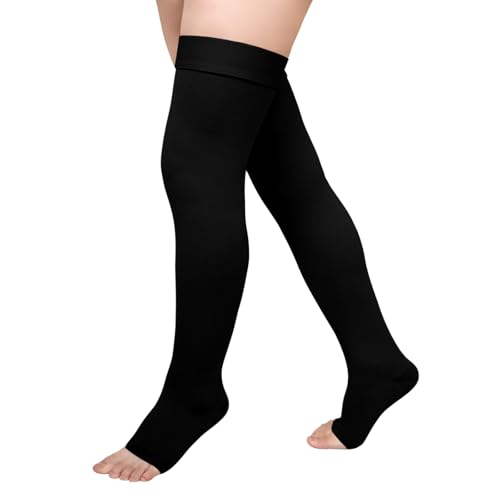 PUTUO Kompressionsstrümpfe Oberschenkel für Damen Herren: Lang Übergröße Stützstrümpfe bei Krampfadern – Medizinische Thrombosestrümpfe Dicke Waden für Thrombose Erholung 20-30 mmHg Schwarz L von PUTUO