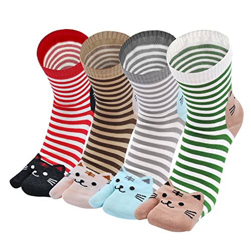 PUTUO Tabi Flip Flops Socken Damen Baumwolle Zwei-Zehen-Socken Bunte Geta Kurze Zehensocken Mit Süßes Katzen Muster Frauen Tabisocken, Größe 35-41, 4 Paare von PUTUO