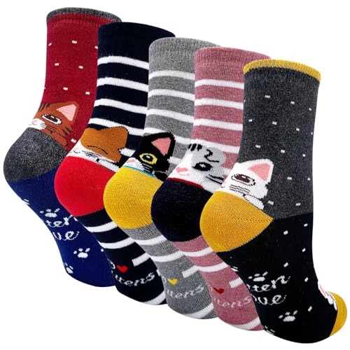 PUTUO Wintersocken Damen Dicke Socken: Thermosocken Frauen Winter Warme Thermo Lustige Bunt Socken mit Frottee 5 Paar von PUTUO