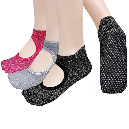 PUTUO Yoga Pilates Socken für Damen: Stoppersocken ABS Rutschfeste Socken Baumwolle für Pilates Barre Ballett Tanz - Frauen Anti Rutsch Socken Sportsocken Yogasocken 3 Paare 37-42 Grau Rosa Schwarz von PUTUO