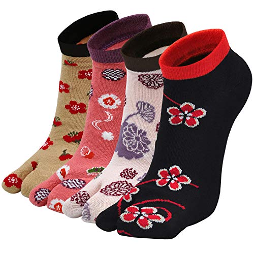 Tabi Damen Flip Flop Socken mit 2 Zehen: Damen Geta Socken Bunt Lustige Zehensocken aus Baumwolle, 4 Paar von PUTUO