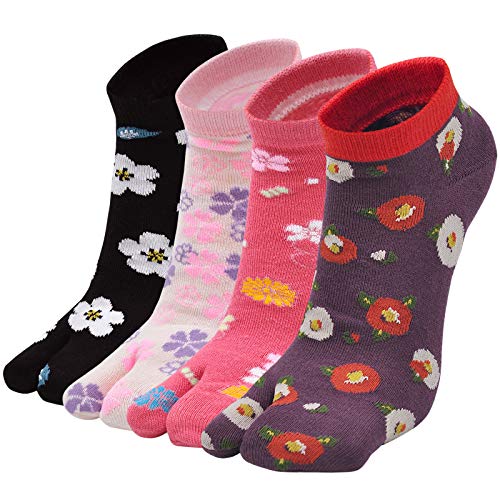 Tabi Socken Damen Zwei-Zehen-Socken: Flip Flop Socken mit 2 Zehen Damen Geta Socken Frauen Bunt Lustige Japanische Zehensocken aus Baumwolle, 4 Paar von PUTUO
