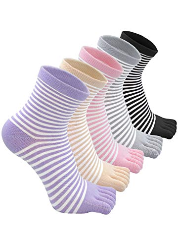 PUTUO Zehensocken Damen Fünf Finger Socken aus Baumwolle, Damen Sneaker Socken mit Zehen für Sport Laufende Freizeit, atmungsaktive und bunte Socken, 4/5 Paare, EU 36-41, Streifen - 5 Paare von PUTUO