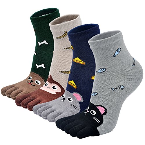 Zehensocken Kinder Finger Socken aus Baumwolle, Junge/Mädchen Witzige Socken Karikatur Socken Niedliche Tiere Socken Bunt Muster Sneaker Socken,3-12 Jahre, 4 Paare von PUTUO