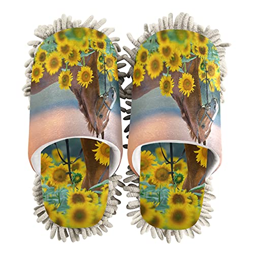 PUXUQU Damen Reinigungshausschuhe Pferd Sonnenblume Haus Schuhe Hausschuhe Bodenreinigung Mop Schuhe Hausschuhe für Damen Herren Kinder Indoor, mehrfarbig, 41/44 EU von PUXUQU