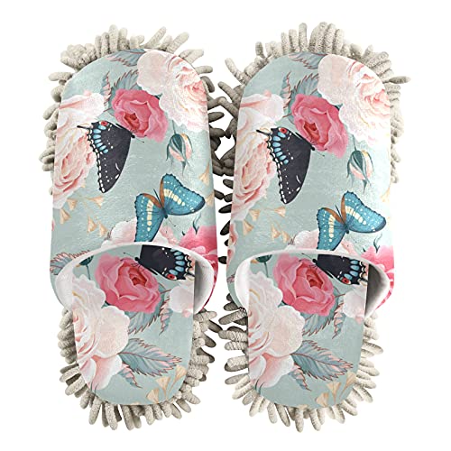 PUXUQU Hausschuhe für Frauen Blumen Blume Tier Schmetterling Putz-Hausschuhe Reinigender Bodenreinigung Slippers Shoe Wischmopp-Hausschuhe für Bodenreinigung von PUXUQU