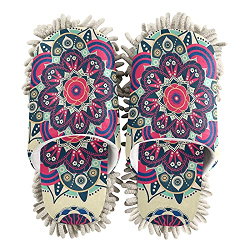 PUXUQU Hausschuhe für Frauen Ethnisch Blumen Mandala Muster Putz-Hausschuhe Reinigender Bodenreinigung Slippers Shoe Wischmopp-Hausschuhe für Bodenreinigung von PUXUQU