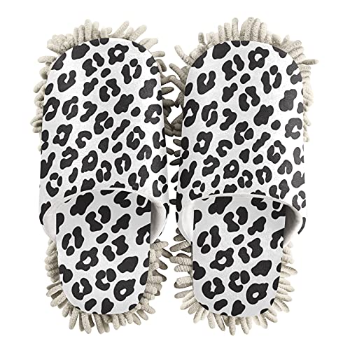 PUXUQU Hausschuhe für Frauen Schwarz Leopard Druck Putz-Hausschuhe Reinigender Bodenreinigung Slippers Shoe Wischmopp-Hausschuhe für Bodenreinigung von PUXUQU