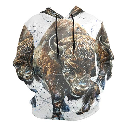 PUXUQU Herren Hoodie Sweatshirt Tier Büffel Stier Bison Langarm Pullover Hooded Hoody mit Taschen von PUXUQU