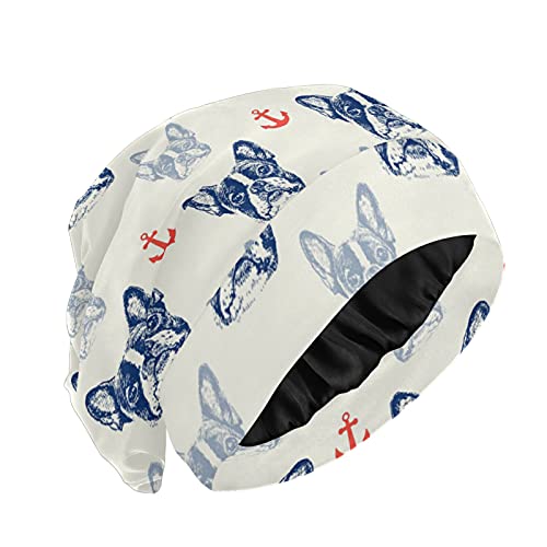 PUXUQU Schlafhaube Mütze Süß Französische Bulldoggen Anker Muster Bonnet Schlafmütze Nachtmütze Kopfhaube Nacht Kopfbedeckung Schlafen Haar Schlaf Hut Haarausfall Kappe für Damen Mädchen Frauen von CMMT