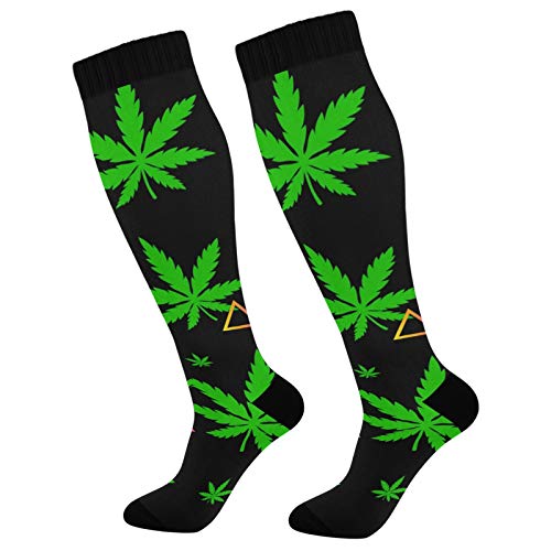 PUXUQU Socken Strümpfe Grün Blätter Hanf Marihuana Herren Damen Kniestrümpfe Socken 1 Pack von PUXUQU