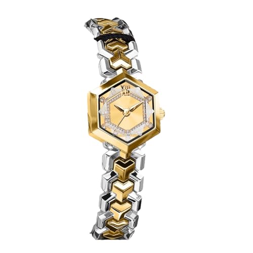 PUZYI Accessoires 2 Stück Luxus-Damenuhr mit Diamant-Zifferblatt, Armbanduhren, sechseckiges Glas, Quarz, wasserdicht, for passendes Kleid Mode(Inter Gold Gold) von PUZYI