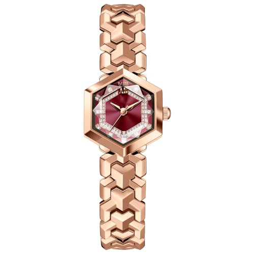 PUZYI Accessoires 2 Stück Luxus-Damenuhr mit Diamant-Zifferblatt, Armbanduhren, sechseckiges Glas, Quarz, wasserdicht, for passendes Kleid Mode(Rose Gold Red) von PUZYI