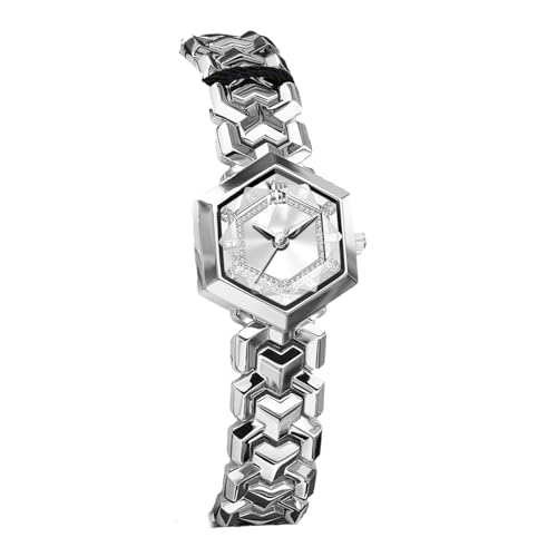 PUZYI Accessoires 2 Stück Luxus-Damenuhr mit Diamant-Zifferblatt, Armbanduhren, sechseckiges Glas, Quarz, wasserdicht, for passendes Kleid Mode(White Steel White) von PUZYI