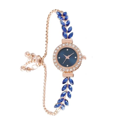 PUZYI Accessoires Luxuriöse Damenuhr mit kleinem Zifferblatt, Olivenblätter, Strasssteinen, Armbanduhr, Damenuhr, verstellbares Armband, schmales Armband Mode(Bleu) von PUZYI