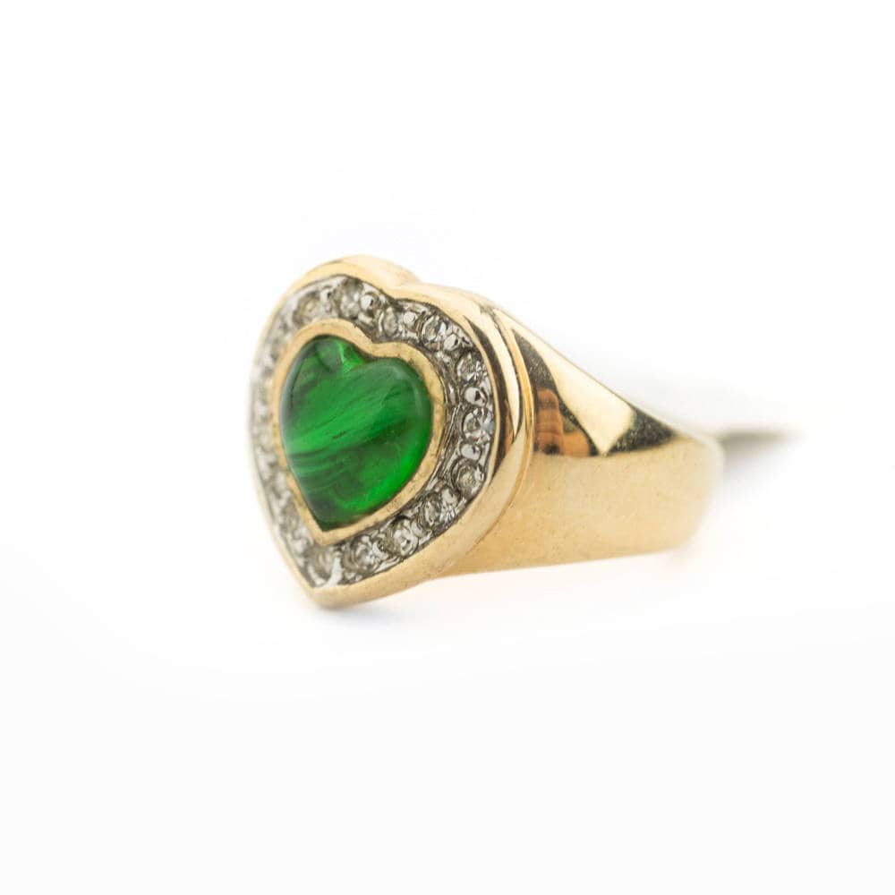 Vintage 18K Goldherz-Ring Grüne Swarovski-Kristalle, Nie Getragen Vintage 18K Goldherz-Ring Grüne Swarovski-Kristalle, Nie Getragen von PVDVintageJewelry