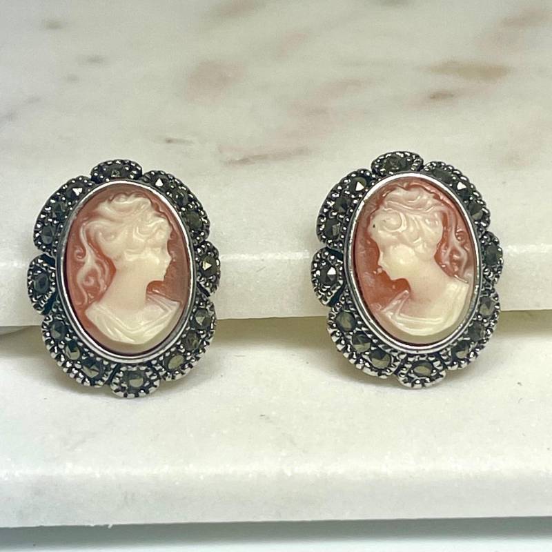 Vintage Kamee Ohrringe Markasit in Vergoldeter Fassung von PVDVintageJewelry