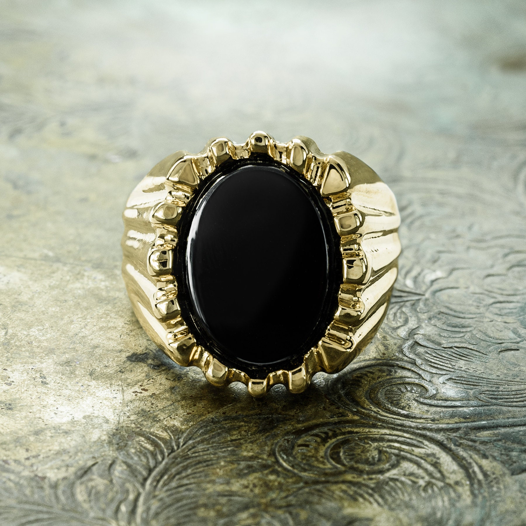 Vintage Ring 1980Er Jahre Herren Echt Onyx 18Kt Vergoldet Antiker Schmuck Für Männer #r1960 - Begrenzte Anzahl Nie Getragen von PVDVintageJewelry