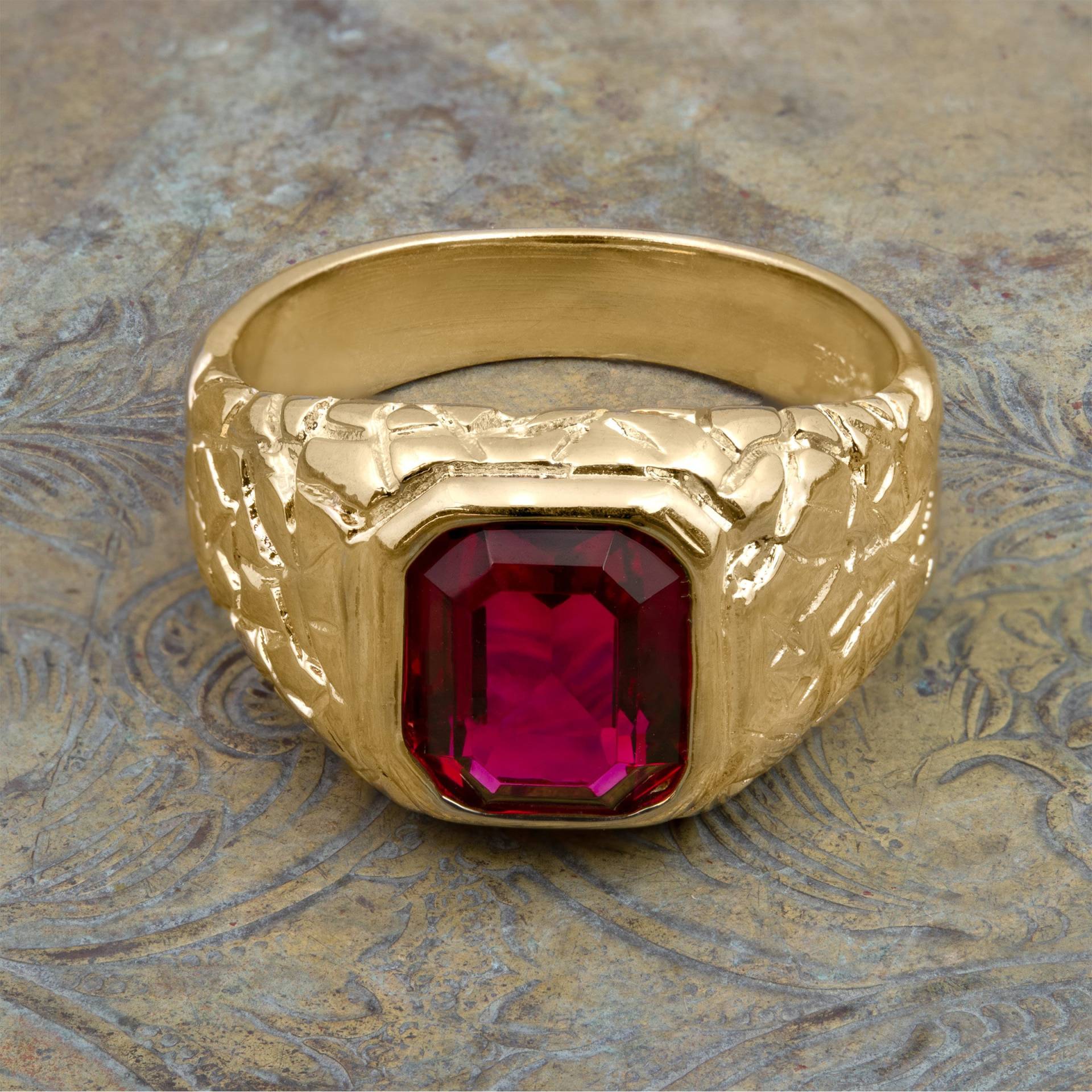 Vintage-Ring, 1980Er-Jahre, Herren-Rubinkristall, 18 Karat Vergoldet, Antik, Für Herren #r6004 - Begrenzter Bestand Nie Getragen von PVDVintageJewelry