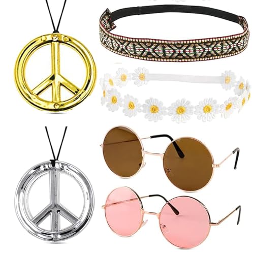 PVFZXS 6 Stück Hippie Accessoires, Hippie Kleidung Damen, 2x Hippie Brillen, 2x Peace Ketten, 2x Haarband - Hippie Kostüm Accessoires Für 60er, 70er Jahre Outfit Damen Und Herren, Ostergeschenke von PVFZXS