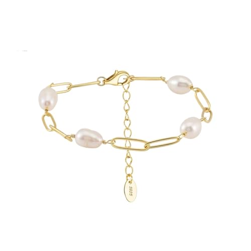 PVUVTNAHW 925 Sterling Silber Büroklammer Kette Natürliche Oval Perle Armband for Frauen Armband Partei Schmuck(14K Gold_21.5cm) von PVUVTNAHW