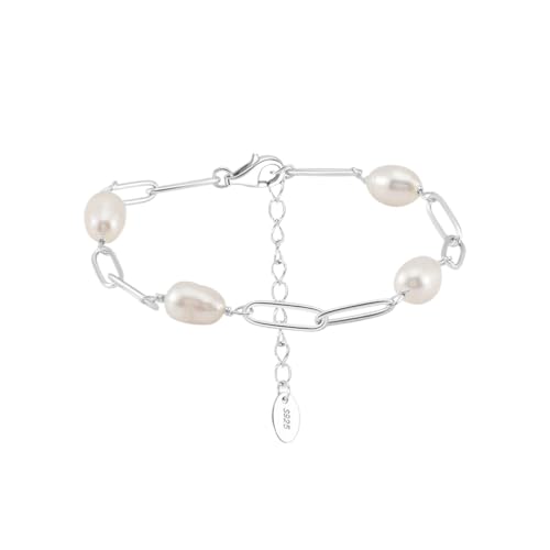 PVUVTNAHW 925 Sterling Silber Büroklammer Kette Natürliche Oval Perle Armband for Frauen Armband Partei Schmuck(Silver_21.5cm) von PVUVTNAHW