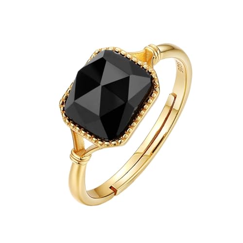 PVUVTNAHW 925 Sterling Silber Ring Natürlicher Schwarzer Achat Edelstein Verstellbare Ringe Vergoldung for Frauen von PVUVTNAHW
