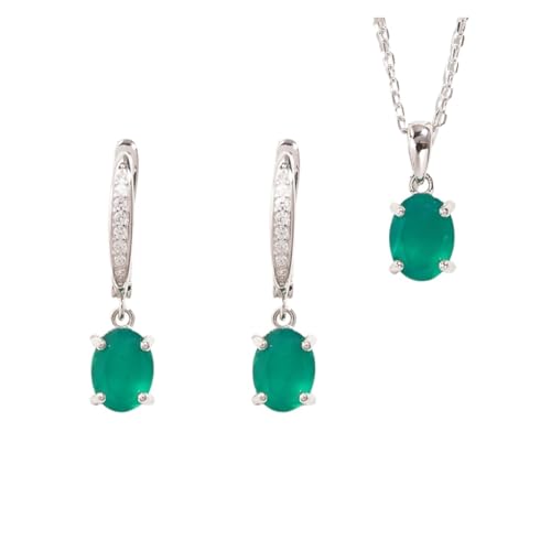 PVUVTNAHW 925 Sterling Silber Schlichter Anhänger Natürlicher Grüner Achat Halskette Edelstein Ohrringe Schmuckset for Frauen von PVUVTNAHW