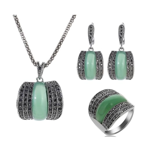 PVUVTNAHW Antike Silber Farbe Frauen Schmuck Set Geometrische Grün Stein Ring Halskette Und Ohrringe Sets(Light Green,7) von PVUVTNAHW