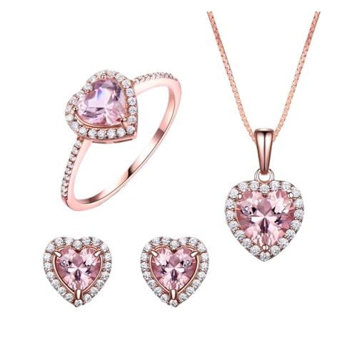 PVUVTNAHW Herz-Schmuck-Set Roségold Ring Ohrringe Anhänger Halskette for Frauen 925 Sterling Silber Schmuck(8) von PVUVTNAHW