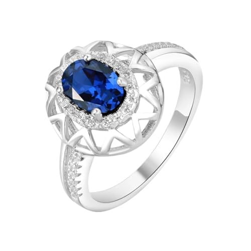 PVUVTNAHW Kreiert Blau Saphir 925 Sterling Silber Ringe for Frauen Statement Edelstein Schmuck Halo Verlobungsring(7) von PVUVTNAHW