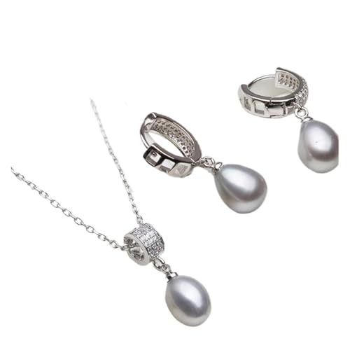 PVUVTNAHW Natürliche Perlenkette und Ohrringe Set for Frauen Trendy 925 Silber Perlenschmuck Set(Gray) von PVUVTNAHW