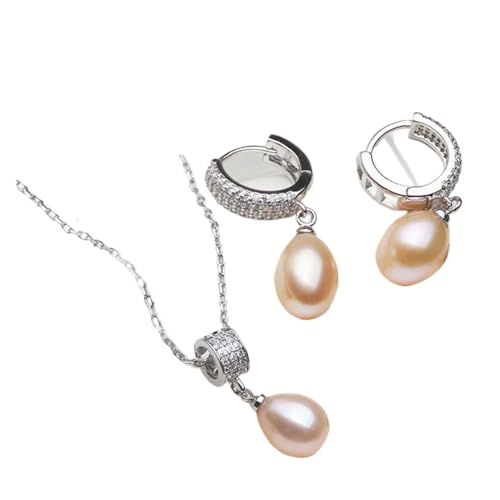 PVUVTNAHW Natürliche Perlenkette und Ohrringe Set for Frauen Trendy 925 Silber Perlenschmuck Set(Pink) von PVUVTNAHW
