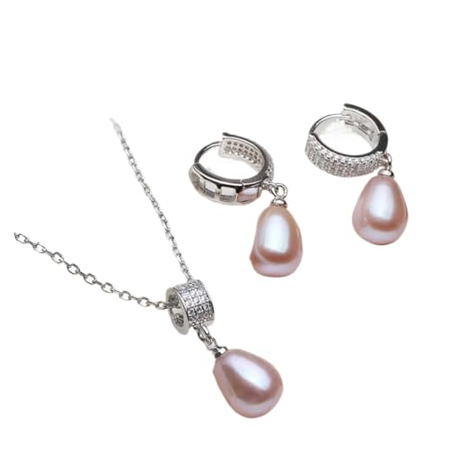 PVUVTNAHW Natürliche Perlenkette und Ohrringe Set for Frauen Trendy 925 Silber Perlenschmuck Set(Purple) von PVUVTNAHW