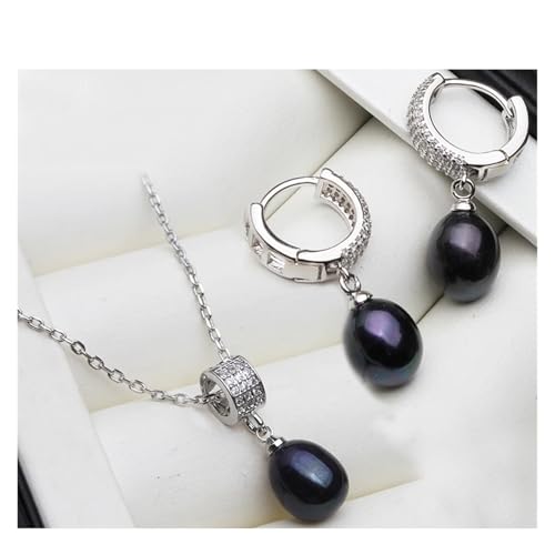 PVUVTNAHW Natürliche Perlenkette und Ohrringe Set for Frauen Trendy 925 Silber Perlenschmuck Set(Svart) von PVUVTNAHW