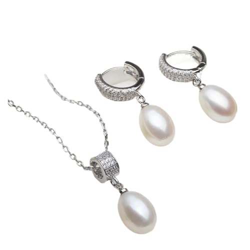 PVUVTNAHW Natürliche Perlenkette und Ohrringe Set for Frauen Trendy 925 Silber Perlenschmuck Set(White) von PVUVTNAHW