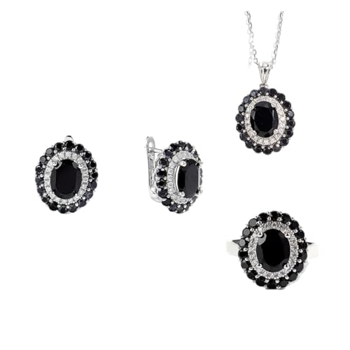 PVUVTNAHW Natürliche Schwarz Spinell Ring Ohrringe Halskette Set S925 Silber Luxus for Frauen Jahrestag(10) von PVUVTNAHW