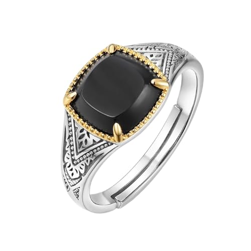 PVUVTNAHW Natürlicher schwarzer Achatring, massiver 925er Sterlingsilberring, Schmuck, Eheringe, verstellbar for Frauen von PVUVTNAHW