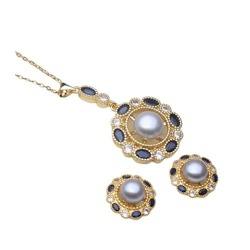 PVUVTNAHW Natürliches Süßwasserperlen-Set mit Halskette und Ohrringen for Frauen, vergoldetes Perlenschmuck-Set, Geschenk for Mutter, Ehefrau, Brautjungfern(Gray) von PVUVTNAHW