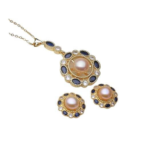 PVUVTNAHW Natürliches Süßwasserperlen-Set mit Halskette und Ohrringen for Frauen, vergoldetes Perlenschmuck-Set, Geschenk for Mutter, Ehefrau, Brautjungfern(Pink) von PVUVTNAHW