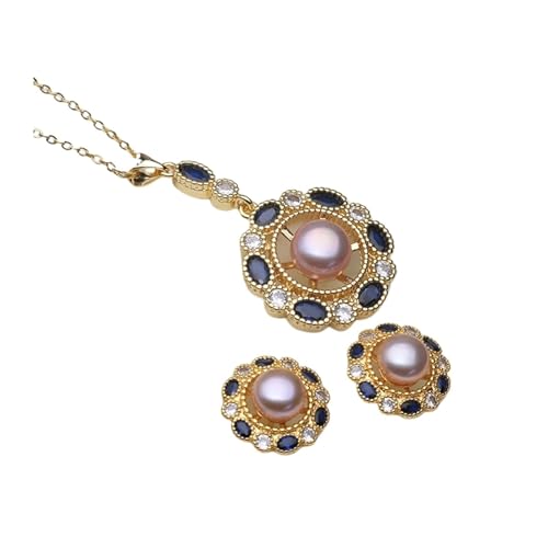 PVUVTNAHW Natürliches Süßwasserperlen-Set mit Halskette und Ohrringen for Frauen, vergoldetes Perlenschmuck-Set, Geschenk for Mutter, Ehefrau, Brautjungfern(Purple) von PVUVTNAHW
