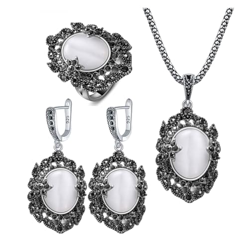 PVUVTNAHW Opal Schmuckset for Frauen Vintage Anhänger Halskette Schwarz Strass Blume Ohrringe Ring(7) von PVUVTNAHW