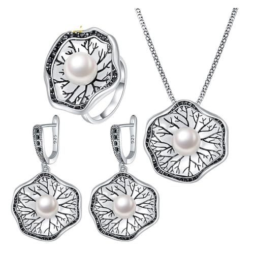 PVUVTNAHW Perlen-Lotusblatt-Schmucksets for Frauen in Antik-Silber-Farbe, klobiger Ring, Ohrringe, Halskette und Anhänger(9) von PVUVTNAHW