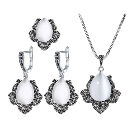 PVUVTNAHW Retro Chic Vintage-Schmuck-Set for Frauen Weiß Opal Ohrringe Schwarz CZ Anhänger Halskette Ring(8) von PVUVTNAHW